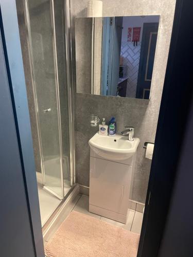 a bathroom with a shower and a sink and a mirror at Entire Brand New Serviced Apartment in Moseley in Birmingham