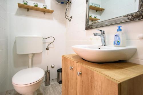 a bathroom with a sink and a toilet at Aurora Seaview Apartment in Mlini