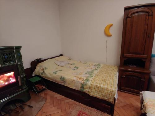 a bedroom with a bed next to a stove at Marta P in Dětřichov nad Bystřicí
