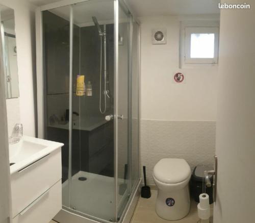 y baño con ducha, aseo y lavamanos. en Studio 25m2 indépendant sous-sol, en Sarcelles