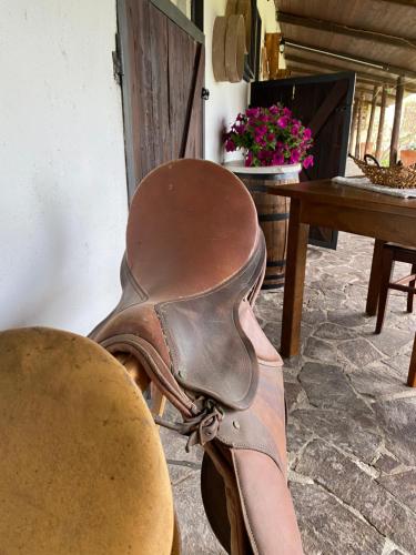 a saddle sitting on a chair with a table at Il Nuraghe del lago Coghinas in Oschiri