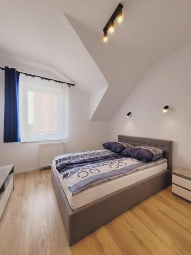 een slaapkamer met een bed en een raam bij Apartamenty Morski Brzeg - Sauna, Balia in Władysławowo