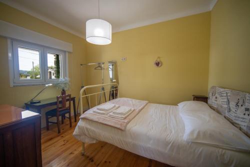 a bedroom with a bed and a desk and a window at Casa do Carvalhal - natureza no centro da cidade in Santa Maria Da Feira
