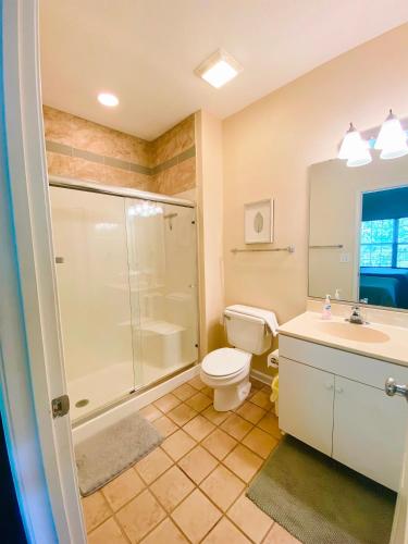 a bathroom with a toilet and a shower and a sink at Two-Bedroom Vacation Condo in Myrtle Beach