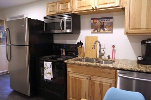 uma cozinha com um frigorífico de aço inoxidável e um lavatório em Sunnyside Up Apartment em Denver