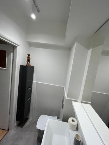 a white bathroom with a toilet and a sink at Apartament RZ in Gdynia