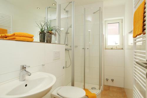uma casa de banho com um chuveiro, um WC e um lavatório. em Ferienwohnung Mare Nostrum 8 em Westerland