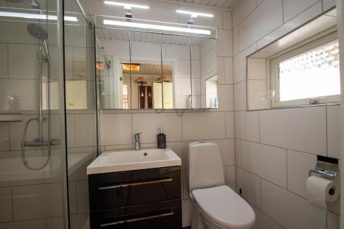 a bathroom with a sink and a toilet and a mirror at Kollund Cottage in Kruså