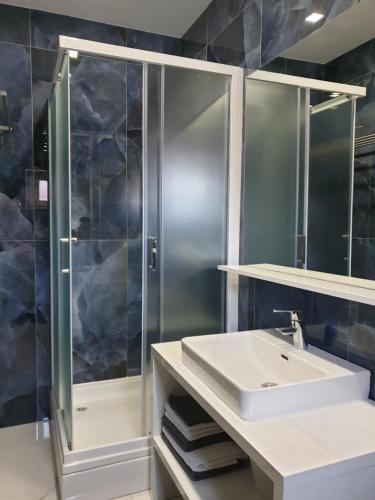 une salle de bain avec lavabo et douche dans l'établissement Apartmani Kameno Sidro, à Bilice