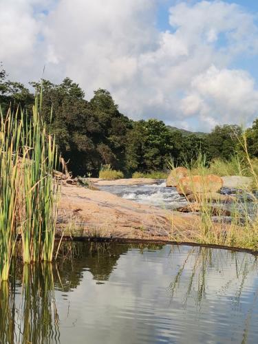 a body of water with grass in the foreground at Lions Rock Rapids - Luxury Tented Camp in Hazyview