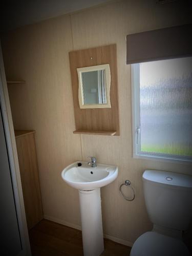 a bathroom with a sink and a toilet at Trusville Mablethorpe 3 Bedroom Caravan . Beachside site ! in Mablethorpe