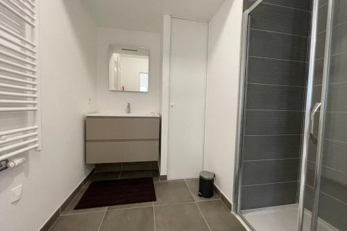 a bathroom with a sink and a shower at Apparté - Appartement proche Genève et Palexpo in Ferney-Voltaire