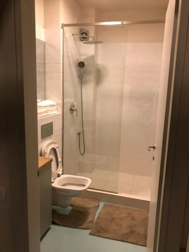 a bathroom with a shower and a toilet in it at White Tower Mamaia Apartament 608 in Mamaia