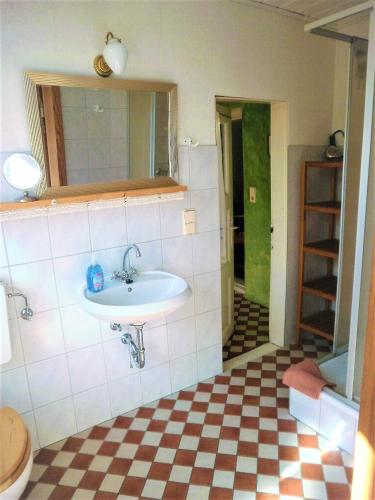 a bathroom with a sink and a checkered floor at Fischerhaus Godewind 45 qm Studio in Altwarp