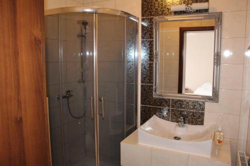 a bathroom with a shower with a sink and a mirror at Belweder in Białystok