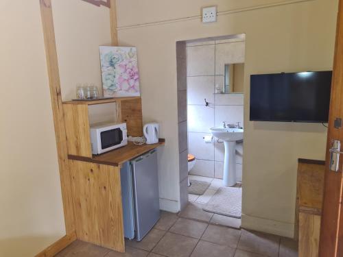 uma pequena casa de banho com um micro-ondas no balcão em Houtgerus Gastehuis/Guesthouse em Olifantshoek