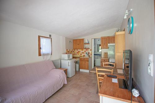 un salon avec un canapé et une table dans l'établissement Le Foulon en Baronnies, à Buis-les-Baronnies