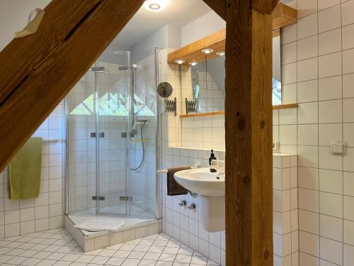 bagno con doccia, lavandino e servizi igienici di Gästezimmer in herrschaftlicher Villa a Krakow am See