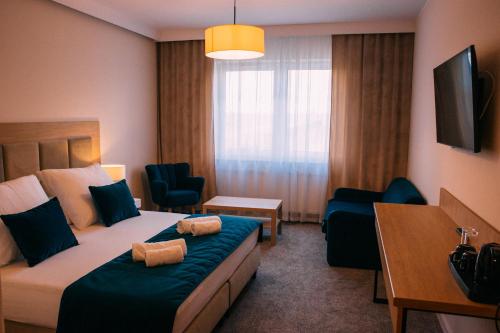 Pokój hotelowy z łóżkiem i biurkiem w obiekcie Jesionowa Noclegi w mieście Topólka