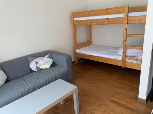 a living room with a couch and bunk beds at The Dragon's Lair Apartment in Liptovský Mikuláš