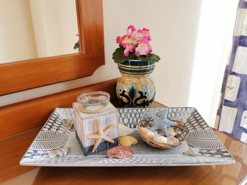 a tray with shells and a vase with pink flowers at Rodica Studios in Kallithea Halkidikis