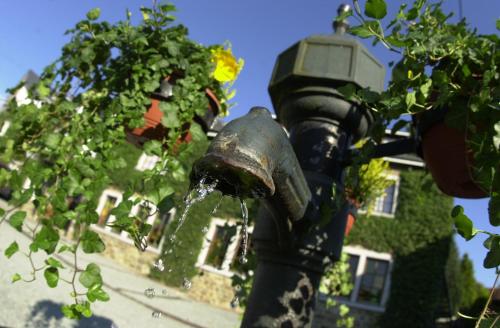 Ein schwarzer Hydrant mit Wasser aus ihm. in der Unterkunft La Fontaine du Sabotier in Awenne