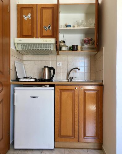 una cucina con armadi in legno e frigorifero bianco di Panorama Studios a Lisso (Lipsoi)
