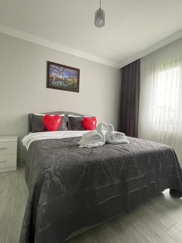 a bedroom with a black bed with red pillows at Melissa Suite in Trabzon