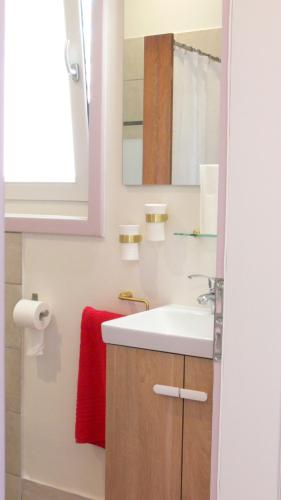 baño con lavabo y toalla roja en LES JARDINS CELESTES, en Saint-Genest-de-Bauzon