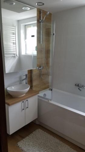 a bathroom with a sink and a shower and a tub at Apartament Zamość Granat in Zamość
