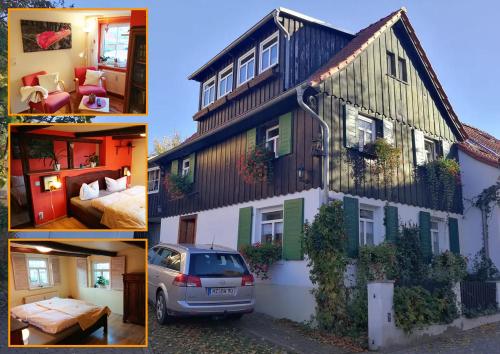a collage of four pictures of a house at Ferienwohnung Zur Ellernmühle in Bad Suderode
