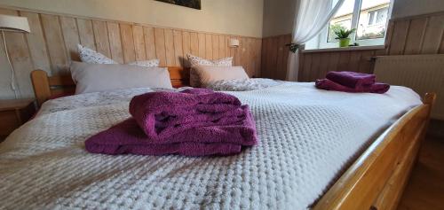 a bed with purple towels on top of it at Ferienwohnung Zur Ellernmühle in Bad Suderode