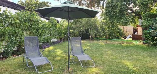 two chairs and an umbrella in a yard at Ferienwohnung Zur Ellernmühle in Bad Suderode