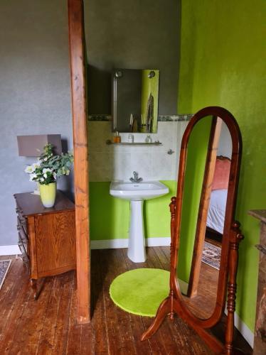 La salle de bains verte est pourvue d'un lavabo et d'un miroir. dans l'établissement Maison en pierres entre terre et mer.., à Neuville-en-Beaumont
