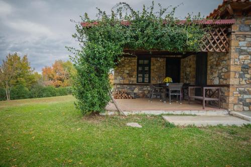an outdoor patio with a table and an ivy covered building at Platanorema in Agios Ioannis Prodromos