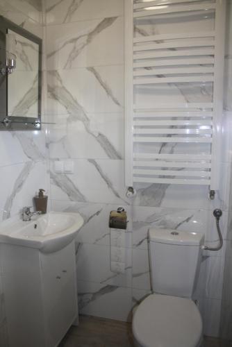 a white bathroom with a toilet and a sink at Gajówka Żłobek in Żłobek