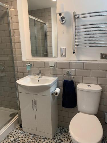 a bathroom with a toilet and a sink and a mirror at Castle View Bed and Breakfast in Morpeth