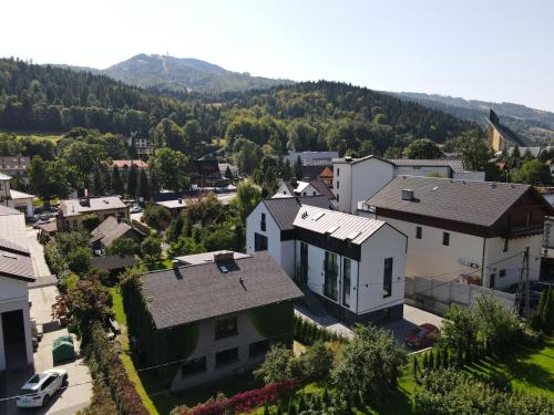 an aerial view of a small town with houses at Beskidzka9 & Free Sauna in Szczyrk