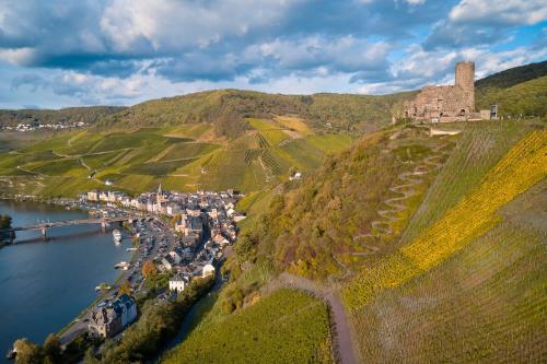 an aerial view of a town on a hill with a castle at DEINHARD's in Bernkastel-Kues