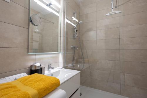 a bathroom with a sink and a shower with a mirror at La Caravelle in Embrun