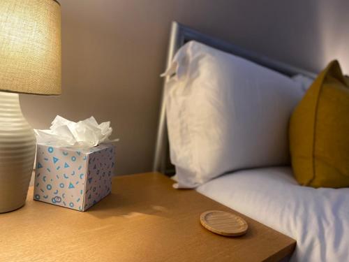 a bed with a box of tissues and a lamp on a table at Cosy one bed central Fareham in Fareham