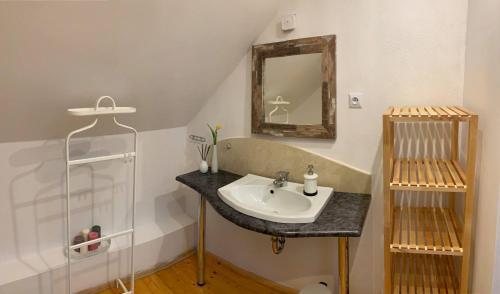 a bathroom with a sink and a mirror at Po drodze in Stronie Śląskie