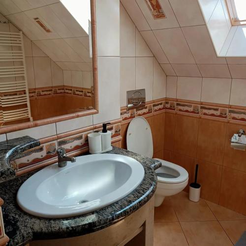 a bathroom with a sink and a toilet at Willa Różana in Wola Kalinowska