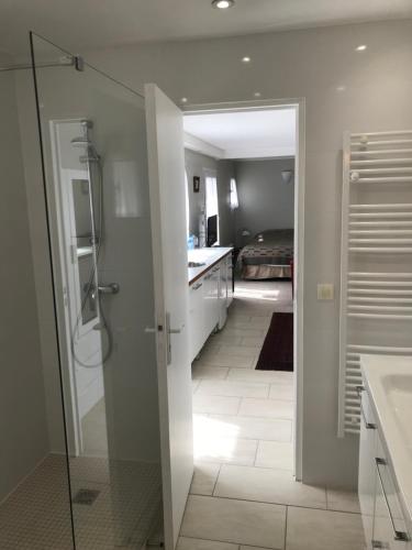 a bathroom with a shower and a sink and a bedroom at Clos Saint Nicolas in Neauphle-le-Château