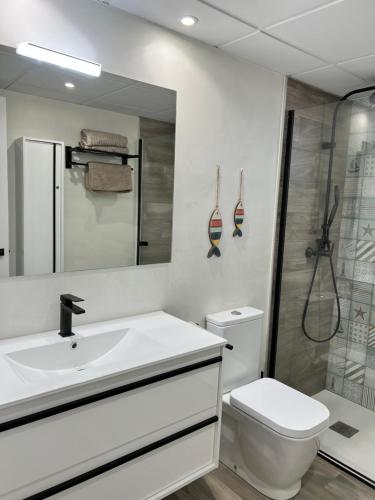 a bathroom with a sink and a toilet and a shower at Apartament Montsià in Sant Carles de la Ràpita