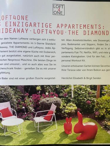 a flyer for a garden with chairs and a table at LOFT4YOU Work & Stay, HOME OFFICE, W-LAN in Neuss