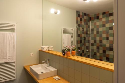 ein Bad mit einem Waschbecken und einem Spiegel in der Unterkunft Chasa Fent, Sent Scuol im Engadin in Scuol