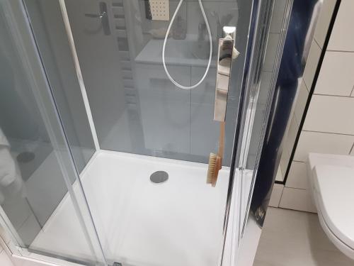 La salle de bains est pourvue d'une douche avec une porte en verre. dans l'établissement 20ml du port, au Pouliguen