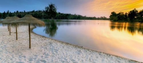 una playa con algunas sombrillas de paja en la arena en Casa da Cerca, en Corte do Pinto