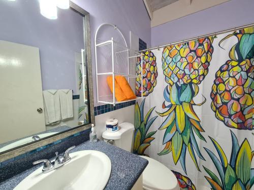 a bathroom with a sink and a toilet and a mirror at Chrisanns Paradise Suite by the Ocean - Apt#9 in Ocho Rios